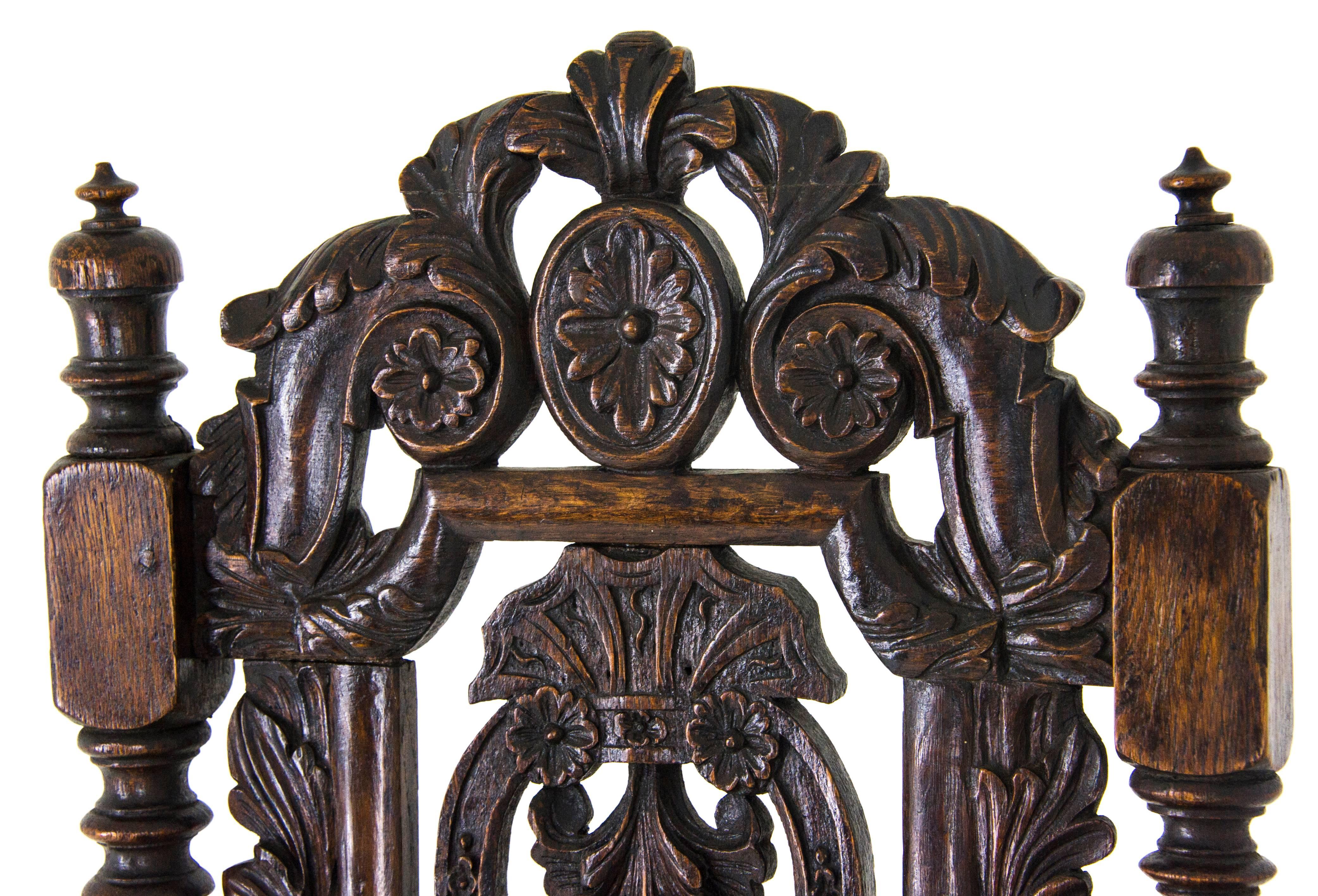 Hand-Carved Antique Carved Chairs, Carolean, Upholstered, High Back, Scotland, 1870 REDUCED!