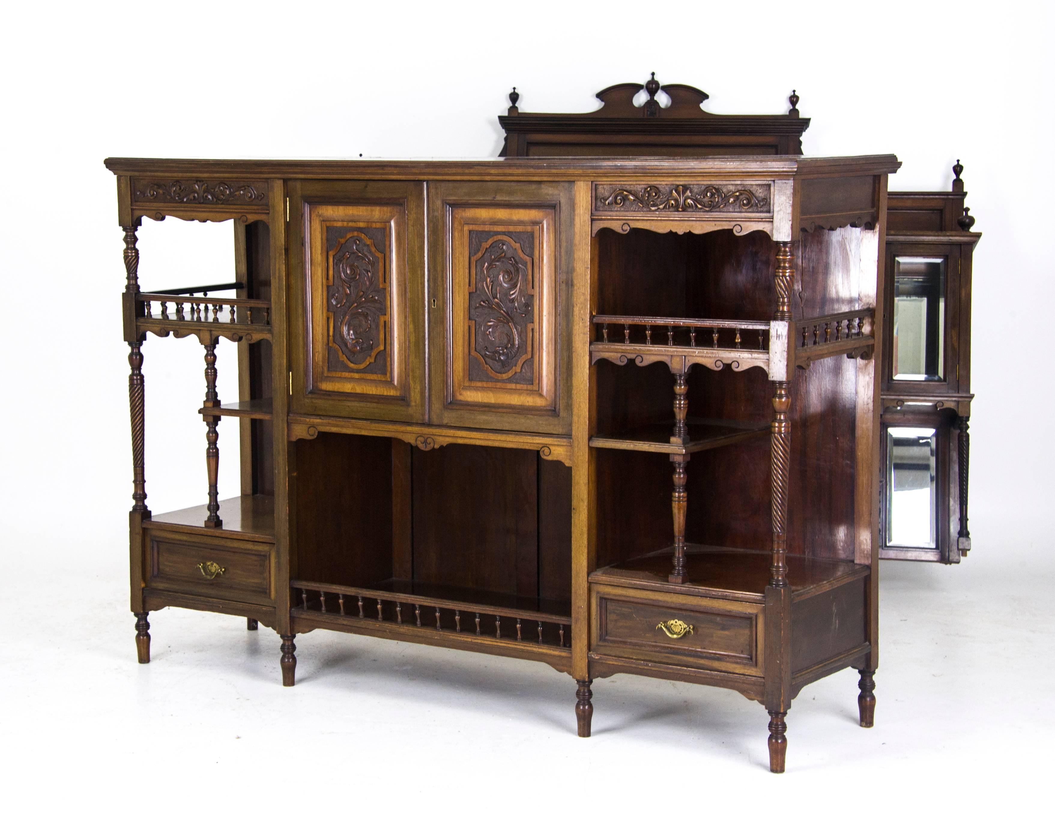 Walnut Antique Display Cabinet Victorian Mirror Back Cabinet, Scotland 1870, B693