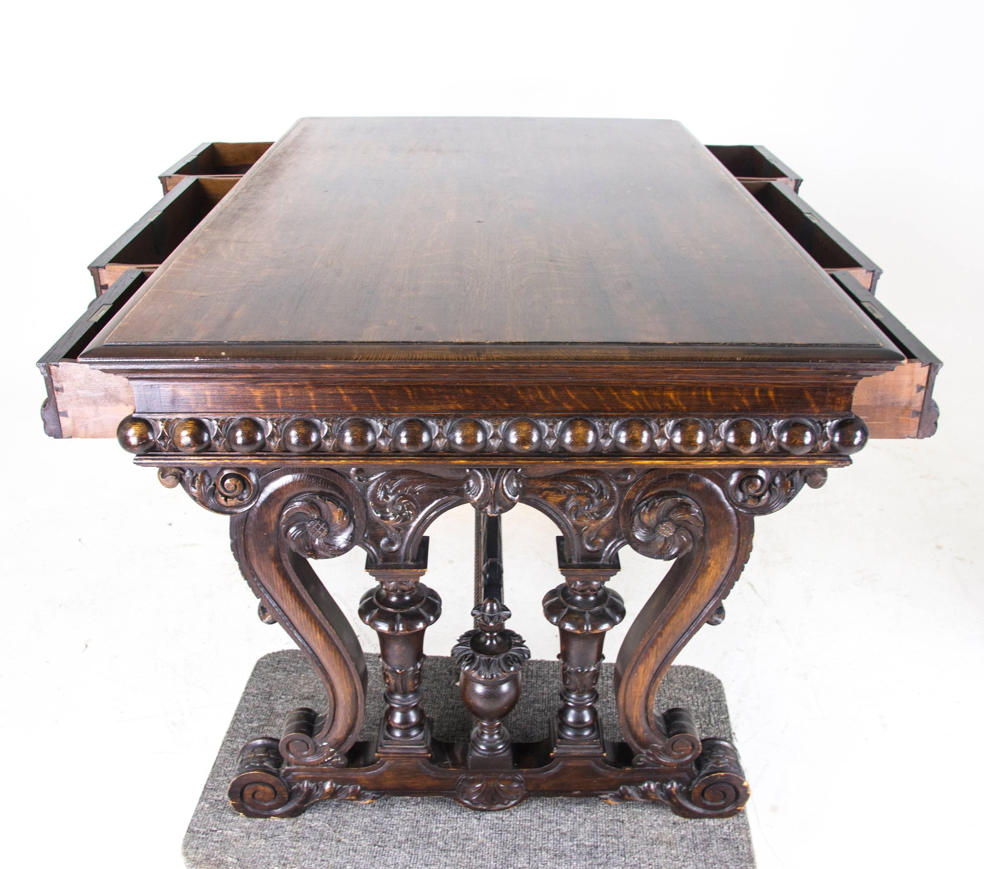 Late 19th Century Antique Partners Desk  Carved Oak Writing Table  Scotland, 1880  B885