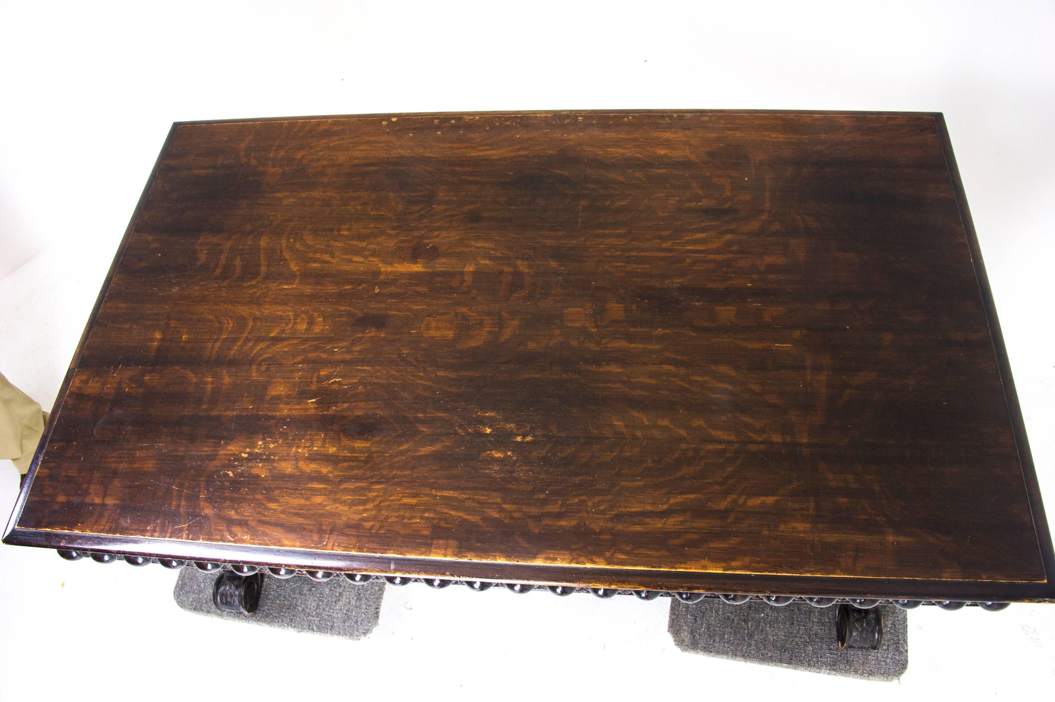 Scotland, 1880
Solid Tiger Oak Construction
Rectangular Top
Fitted with Three Drawers on Both Sides
Free Standing
Wonderful Carved Supports
United by a Heavily Carved Stretcher
Excellent quality and Condition
Extremely Heavy

$3250

B885
60