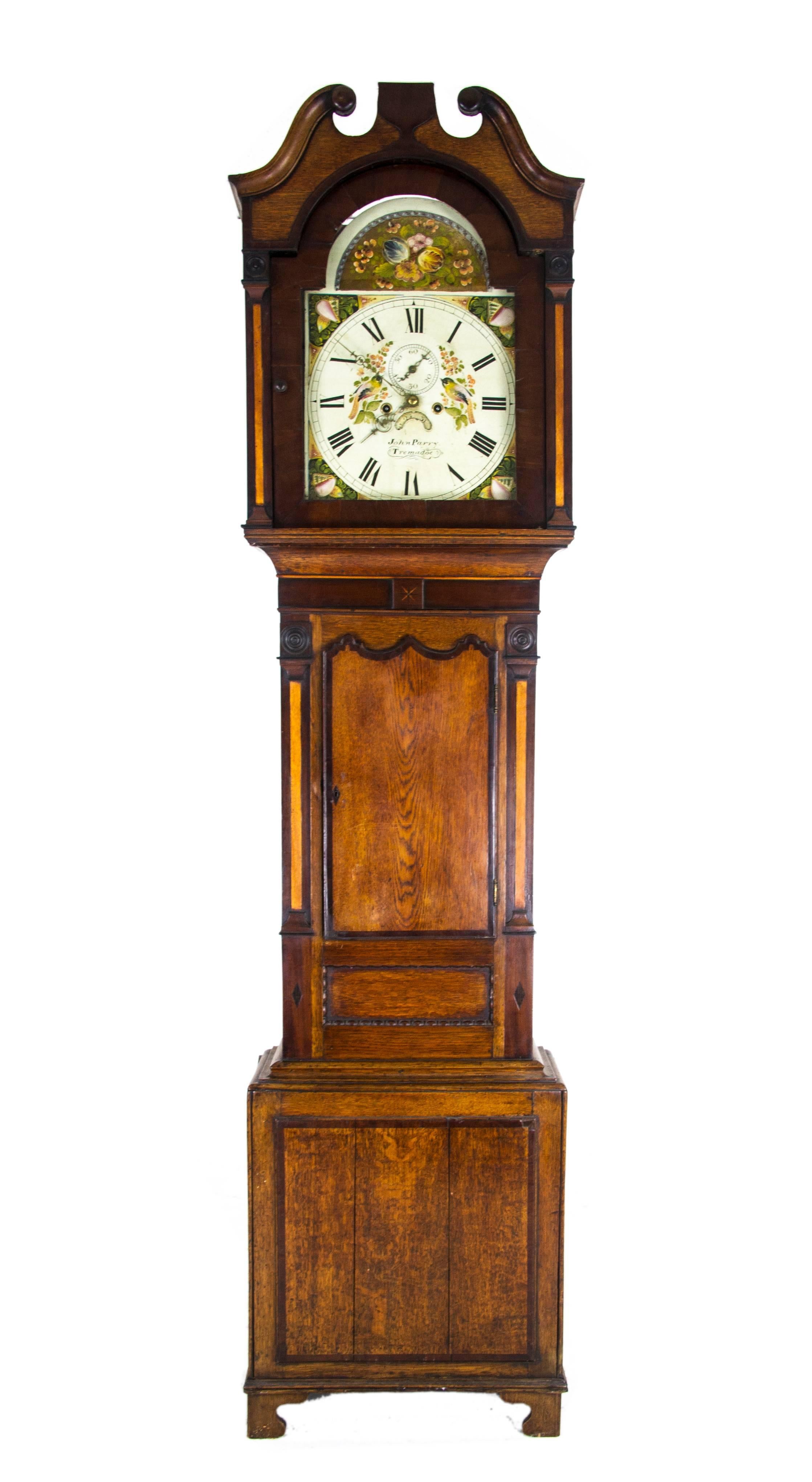 Antique Long Case Clock, Grandfather Clock, 8 Day Movement, John Parry Tremadoc, Wales 1820, B725

Wales, 1820
Oak and Mahogany Construction, inlaid Mahogany Crossbanding to the door and hood.
John Parry, of Tremadoc (Clockmaker)
Swan Neck