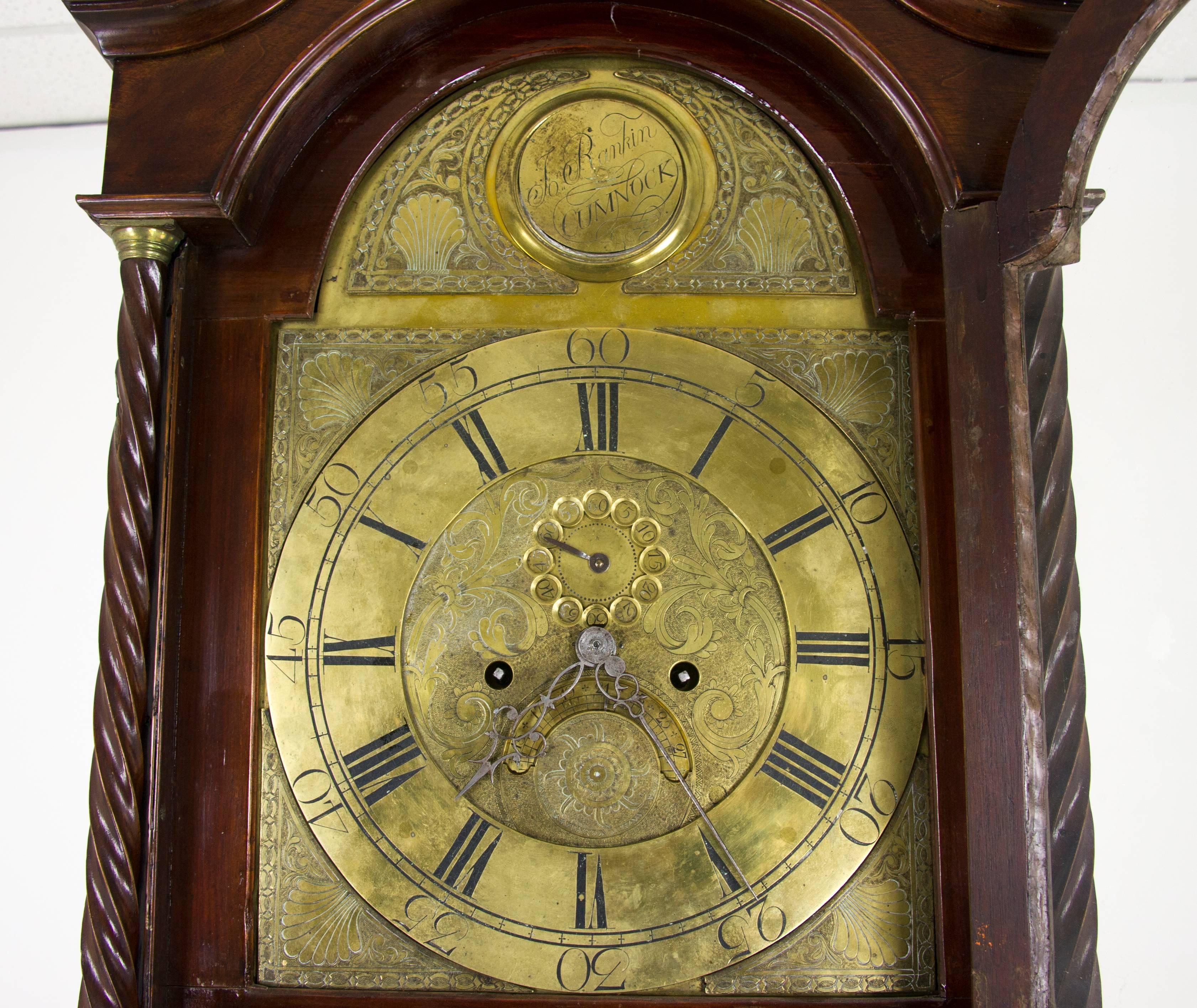 Antique Long Case Clock, Grandfather Clock, Inlaid, Mahogany, John Rankin, Old Cummock, Antique Furniture, B726

Slim Line Mahogany Long Case Clock
Georgian Design
Swan Neck Pediment
Brass Dial with Second Hand
8 Day Movement, strikes on a Bell on