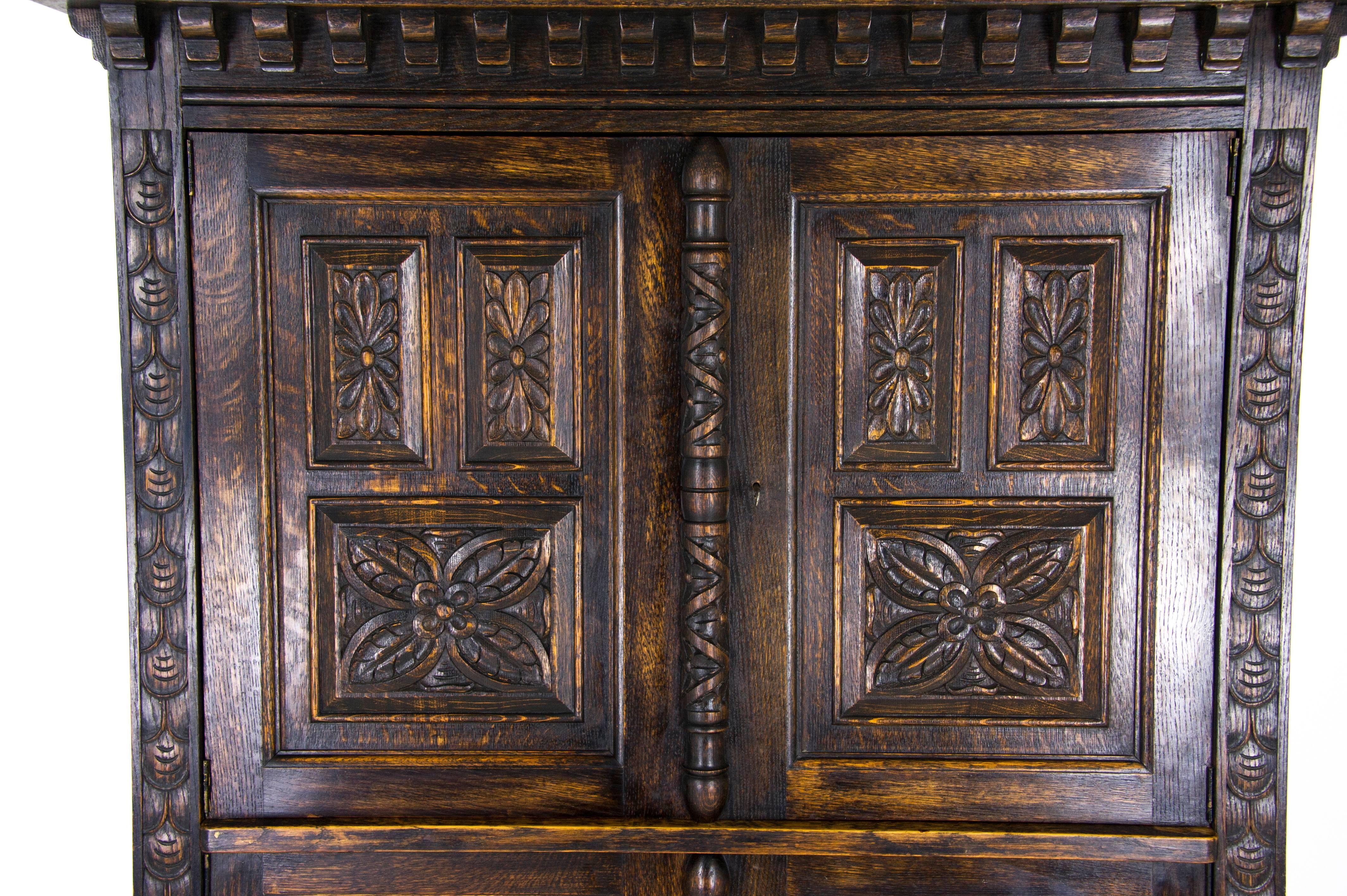 Antique Oak Cupboard, Heavily Carved Oak, Scotland 1890, B909 3