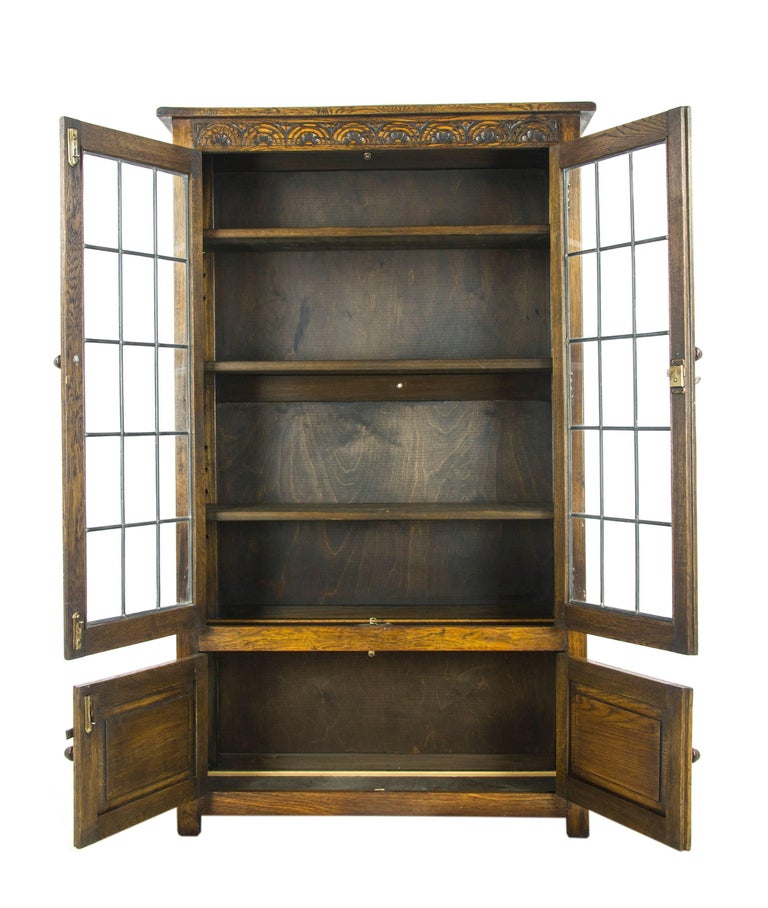 Antique Oak Bookcase, Antique Bookcase, Leaded Glass Bookcase Antique Oak bookcase, antique bookcase, leaded glass bookcase, Scotland, 1930, antique - Antique Oak Bookcase, Antique Bookcase, Leaded Glass Bookcase