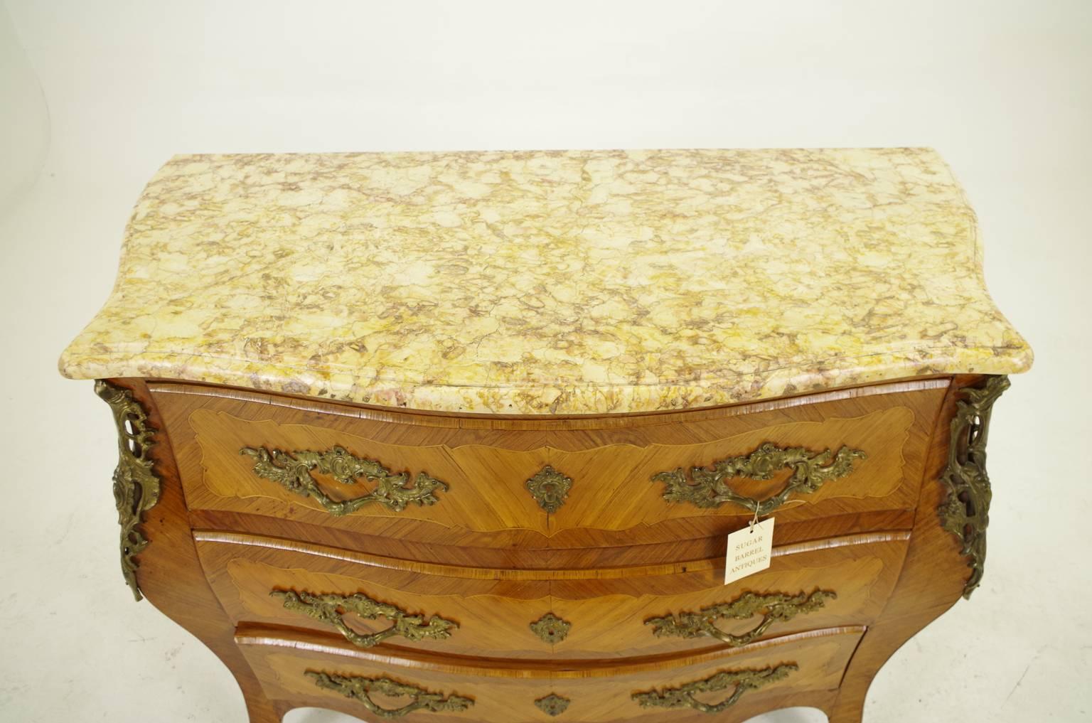 Mid-20th Century French Louis XV Style Kingwood and Tulipwood Marble Top Bombe Commode