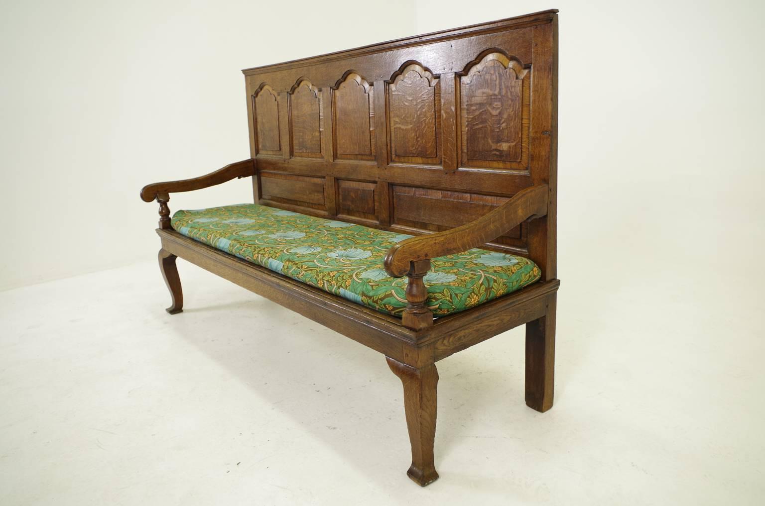 - $2150.00
 - Scotland, 1780
 - Fine raised, fielded panels
 - Down swept arms
 - Rectangular cushion on slatted seat
 - Cabriole legs with pad feet
 - Solid oak construction, lovely patina
 - 1 slat missing, some chips on feet
 - 72″w x