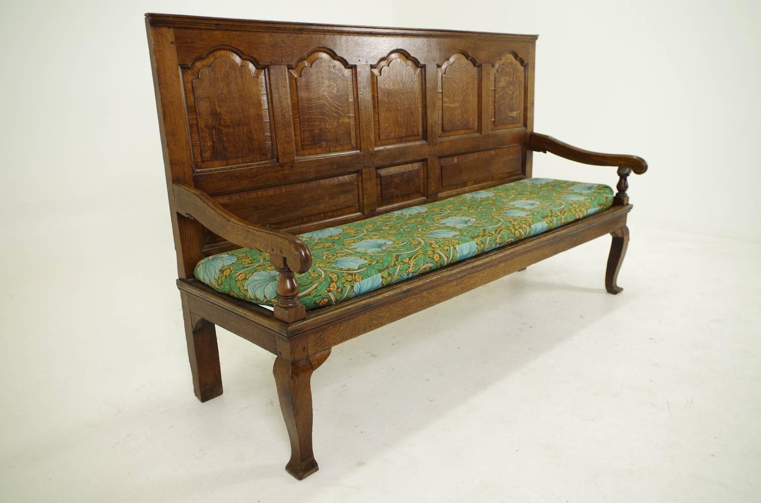 Queen Anne 18th Century Scottish Panelled Back Oak Settle, Bench, Hall Seat