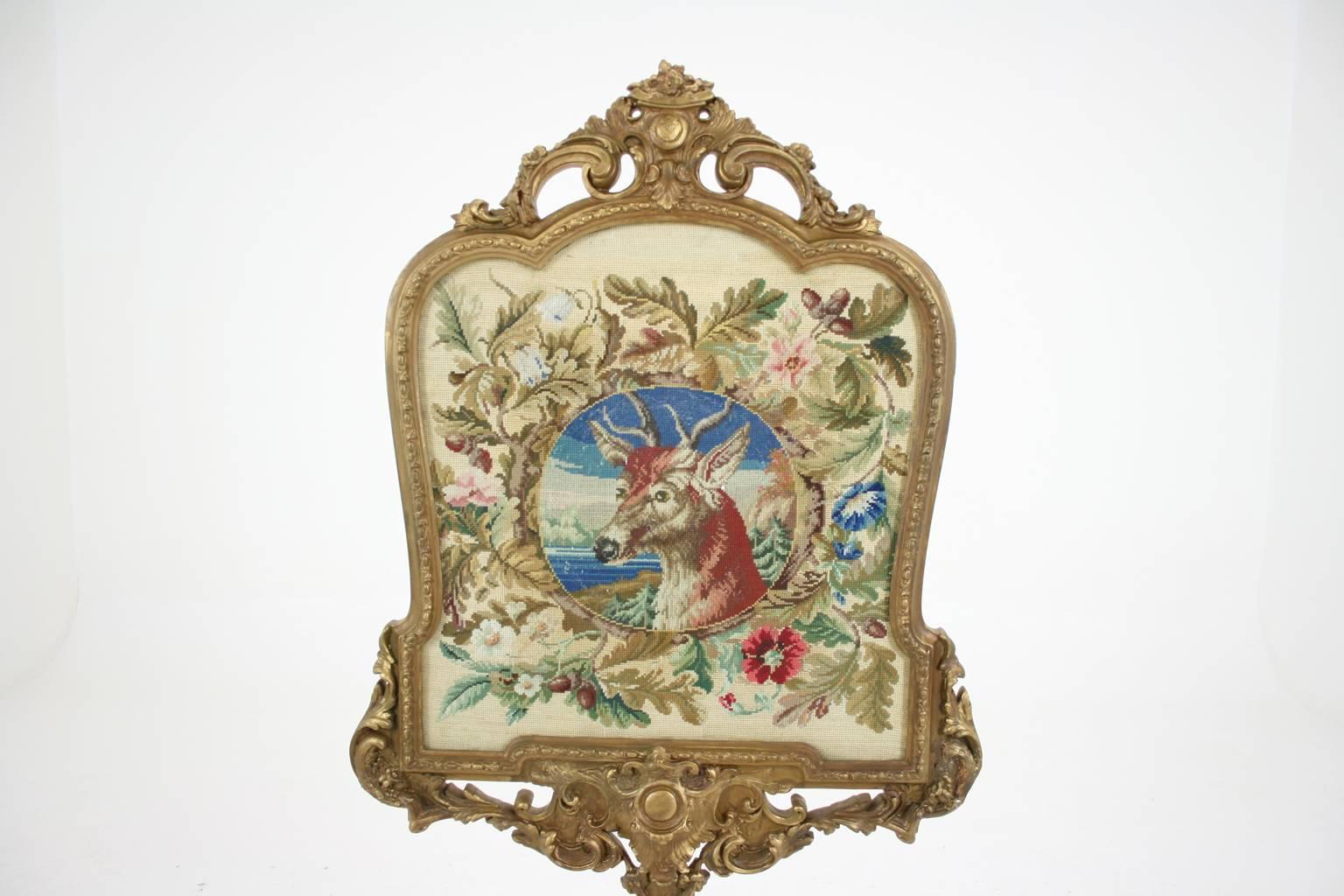 Mid-19th Century Antique Scottish Victorian Carved Firescreen with Needlepoint, 1840