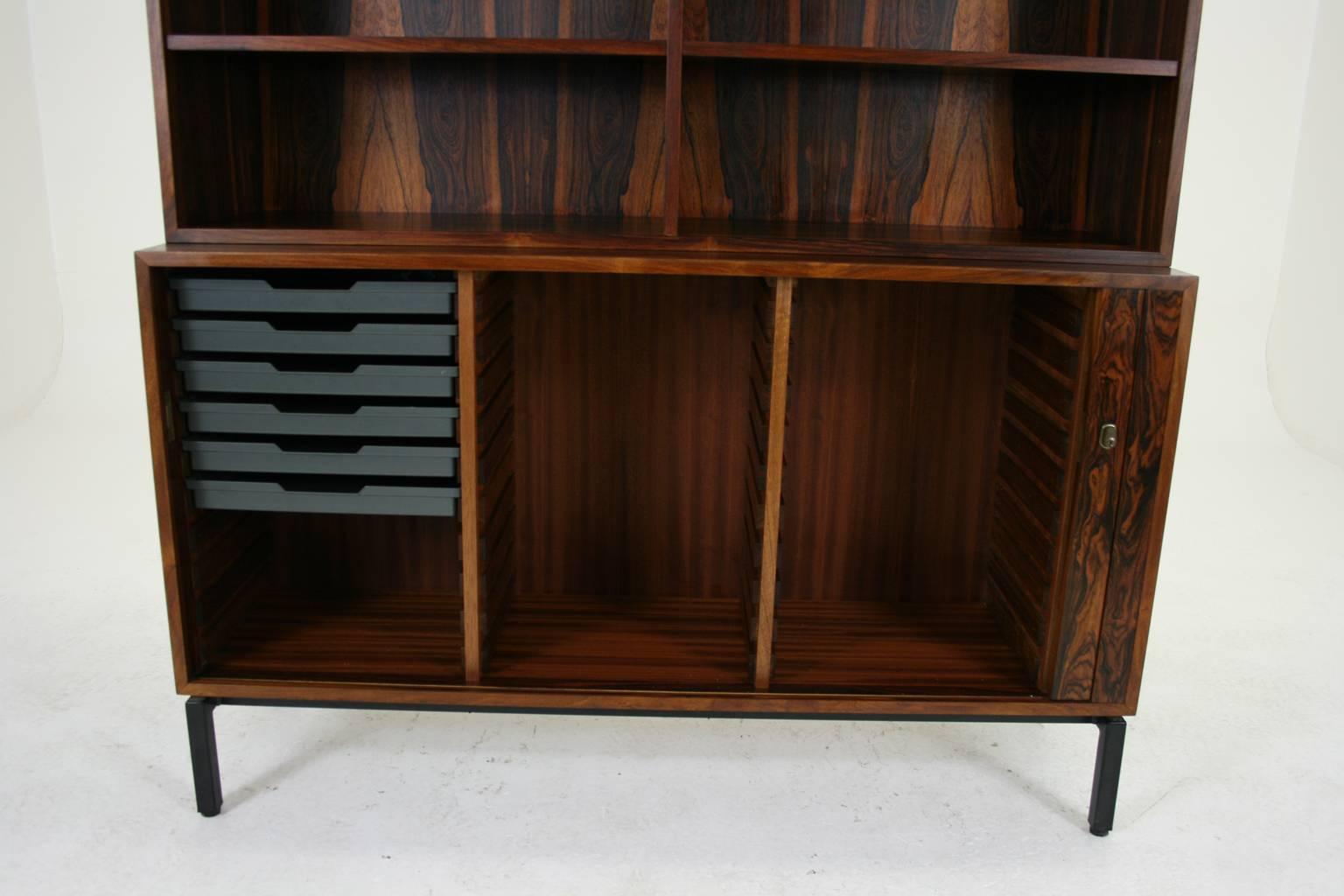 Mid-Century Modern Rosewood Office Cabinet Bookcase with Tambour Sliding Door 1