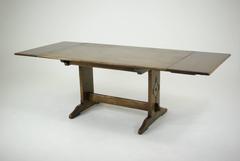 Used B293 Solid Oak Refectory Trestle Table, Carved Base with Two Leaves