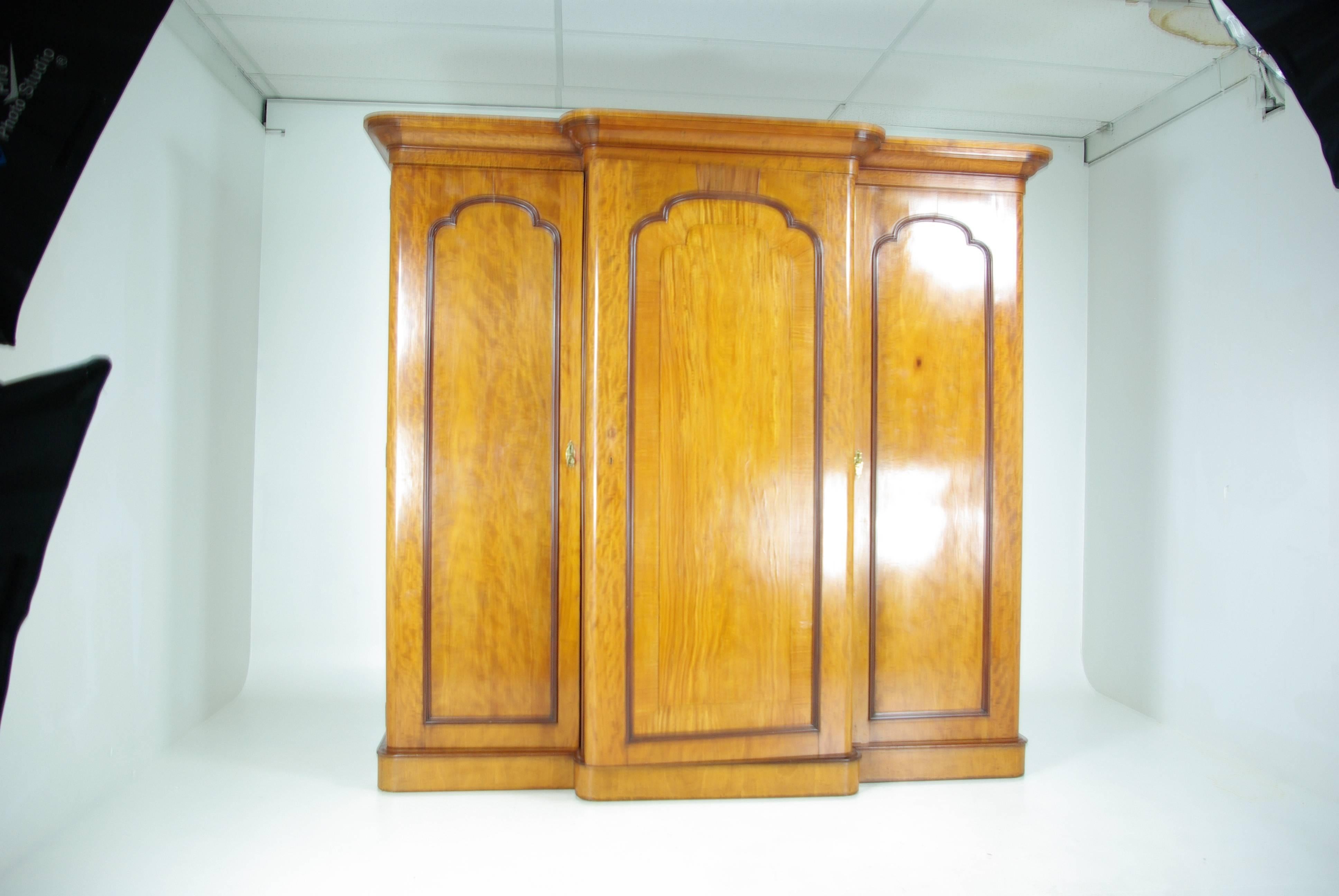 Hand-Crafted B345 Three-Door Victorian Satinwood Breakfront Armoire, Wardrobe, Closet