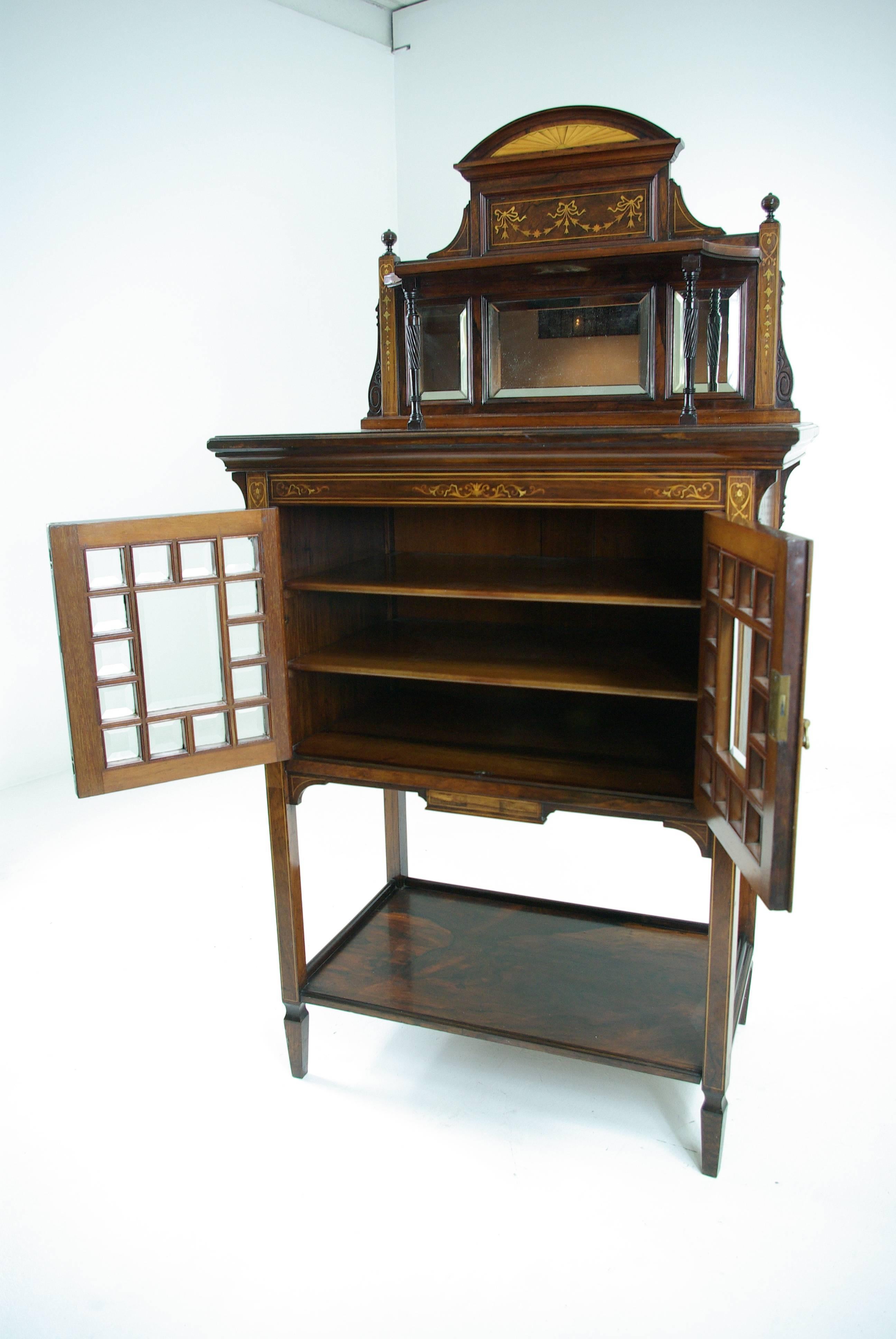 Antique Display Cabinet,  Walnut Inlaid Music Stand, Scotland 1870, B581 

Scotland
1870
All Original Finish
Mirrored Inlaid Gallery with Three Beveled Mirrors
Two Beveled Glass Doors revealing Two Shelves
Open Shelf Below, Inlaid Sides
Wonderful