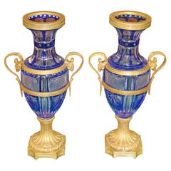 Pair of Late 19th Century Neoclassical Russian Bronze & Cut Cobalt Glass Vases