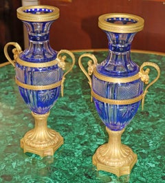 Pair of Late 19th Century Neoclassical Russian Bronze & Cut Cobalt Glass Vases