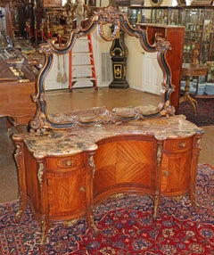 1920's French Style Marble Top Inlaid Walnut Vanity With Later Companion Mirror
