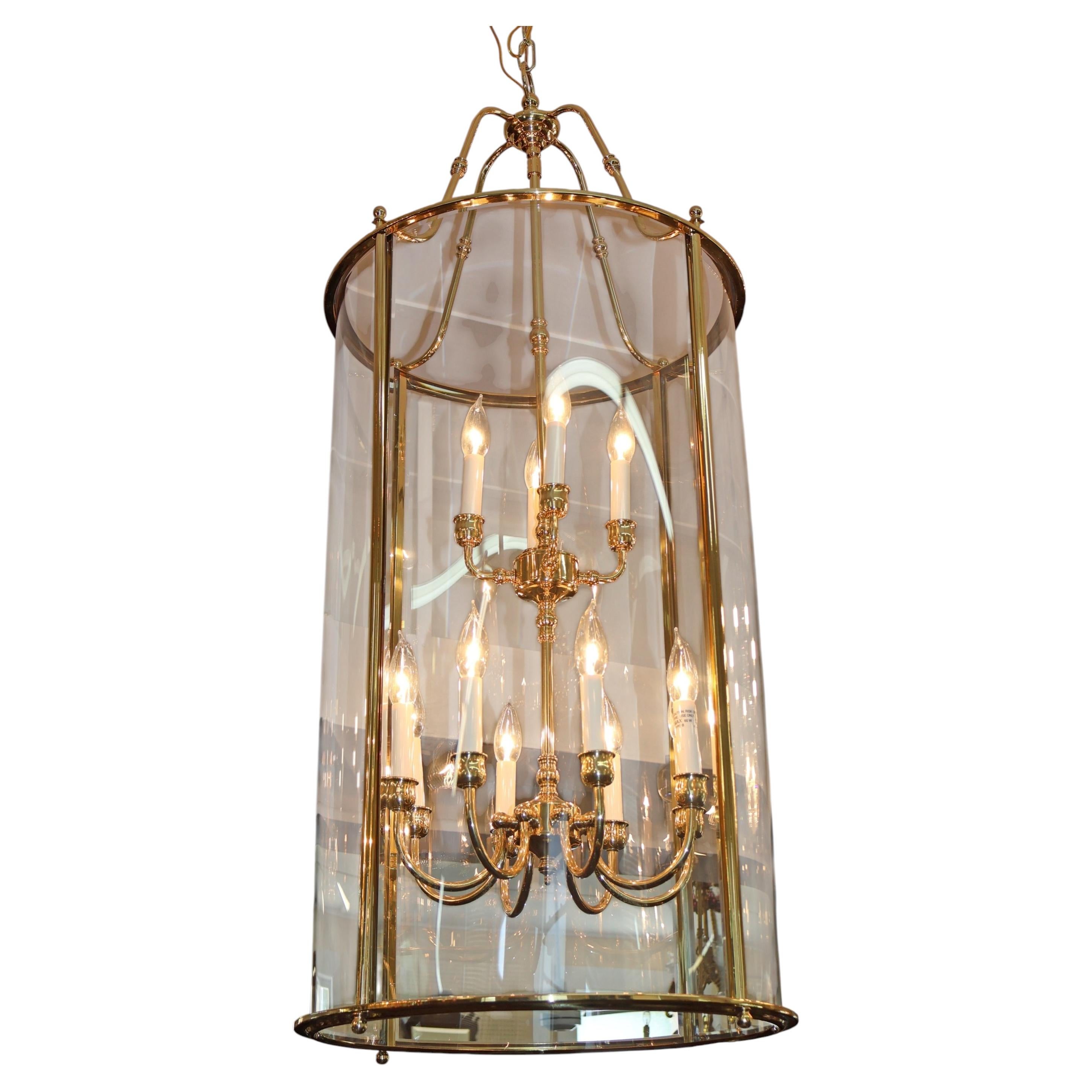 Large Brass Two Tier 12 Light Beveled Glass Chandelier Lantern For Sale