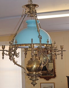 Late 19th Century Brass Kerosene Oil Chandelier with Blue Shade