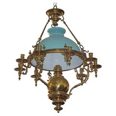 Late 19th Century Brass Kerosene Oil Chandelier with Blue Shade
