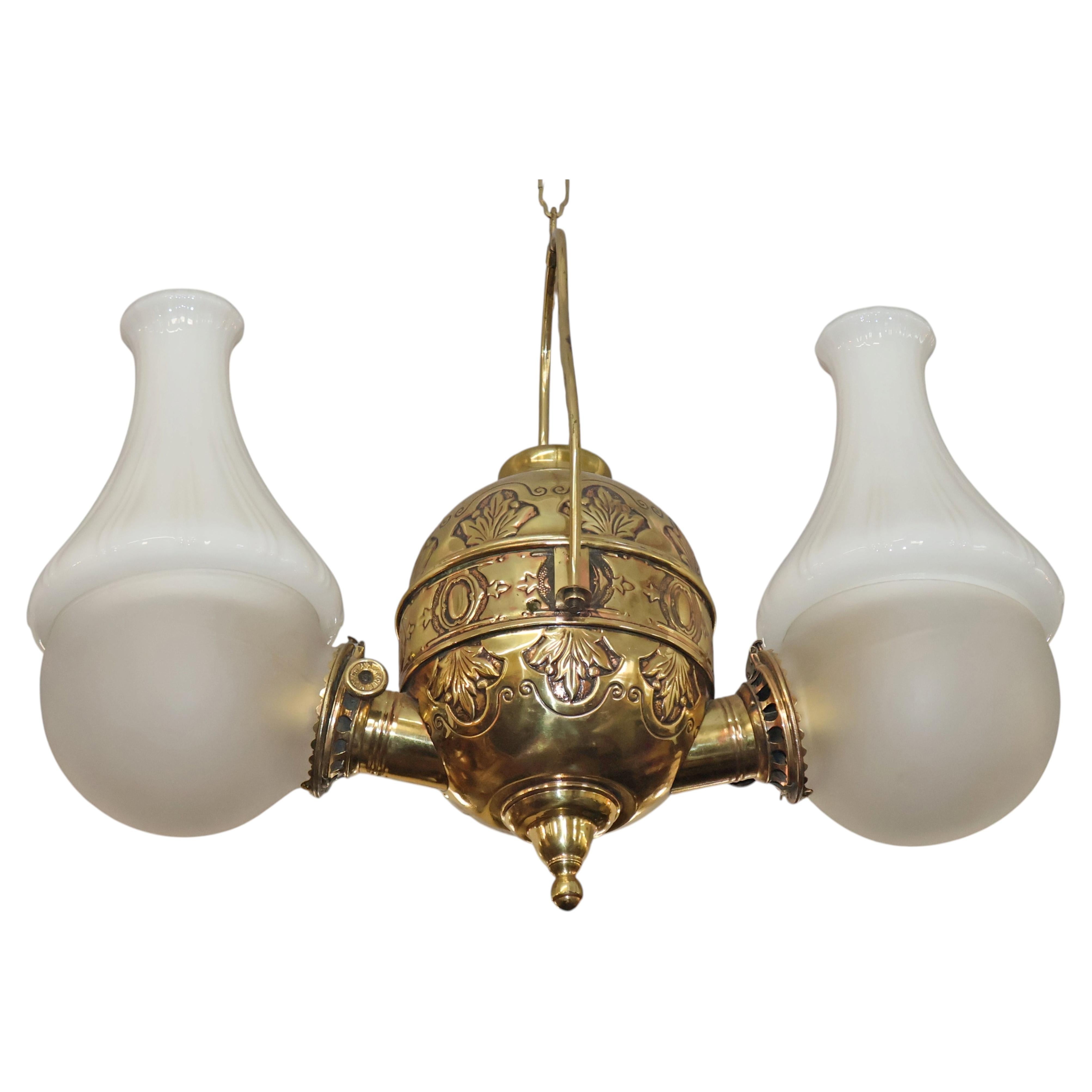 19th Century Angle Lamp Co. Double Angle Lamp Brass Kerosene Chandelier For Sale