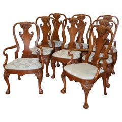 Set of 8 Burl Wood Chippendale Style Baker Furniture Stately Living Dining Chair