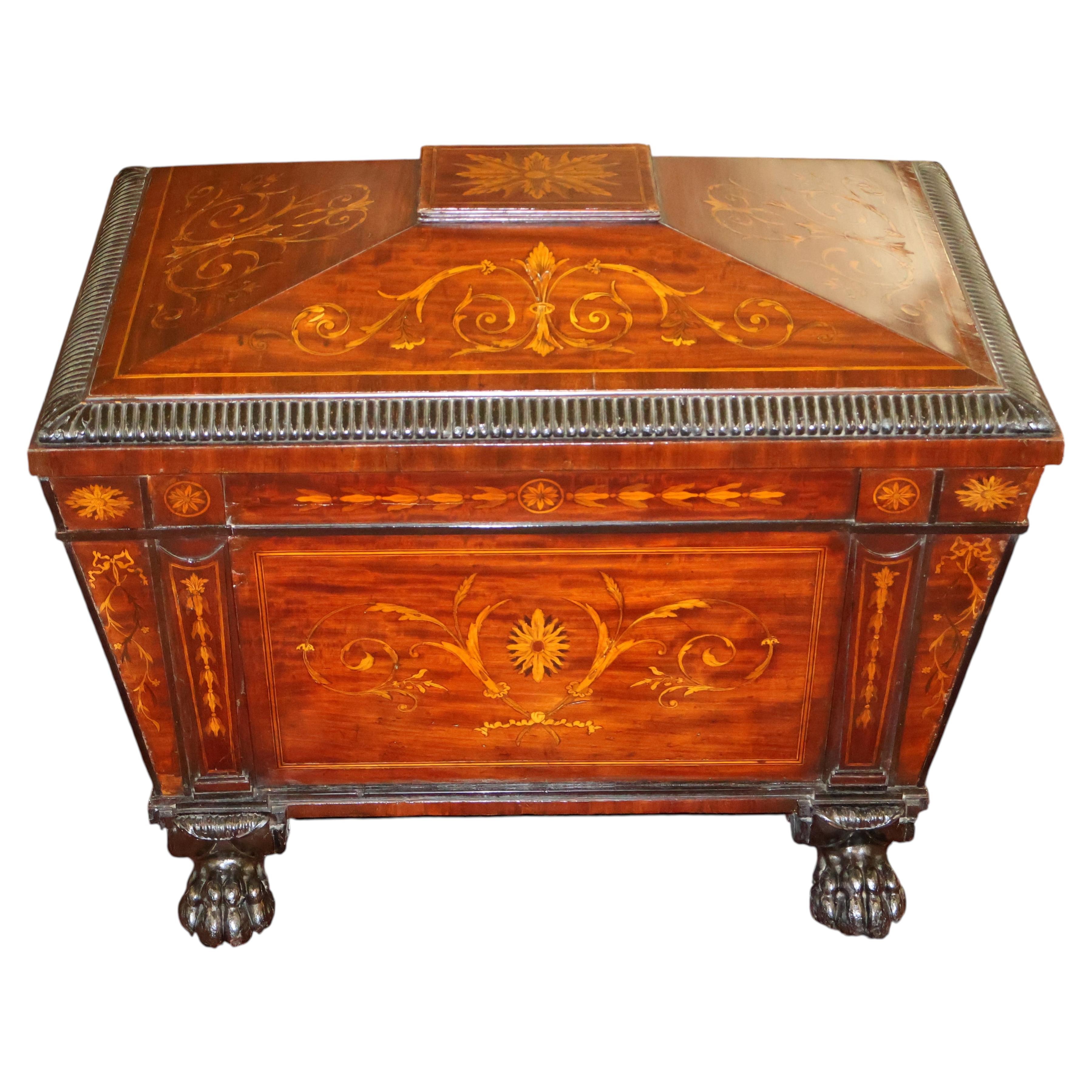 19th Century Regency English Mahogany Inlaid Wine Cooler Cellarette For Sale