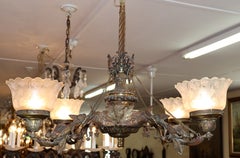 19th Century Bronze 4 Light Etched Glass Shade Gas Chandelier Gasolier