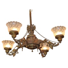 19th Century Bronze 4 Light Etched Glass Shade Gas Chandelier Gasolier