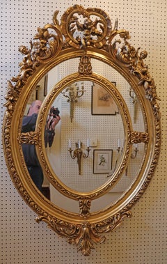 French Rococo Style Gold Putti Cherub Motif Oval Vertical Beveled Mirror 58 X 40