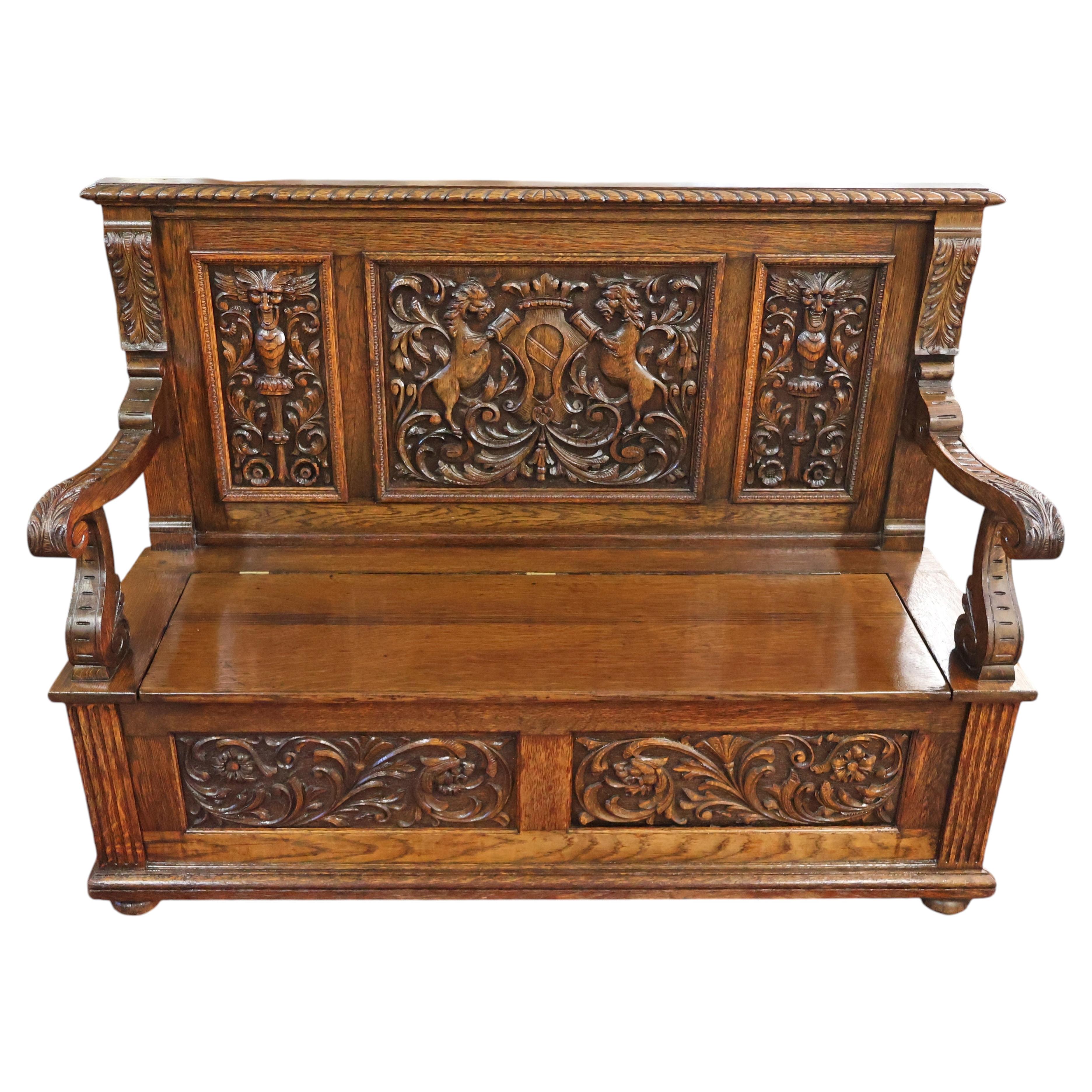 Late 19th Century English Victorian Oak Hall Seat Settee Bench