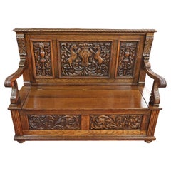 Late 19th Century English Victorian Oak Hall Seat Settee Bench