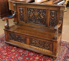 Late 19th Century English Victorian Oak Hall Seat Settee Bench