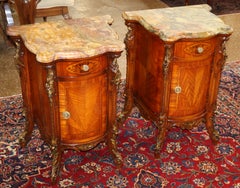 Pair of French Louis XV Style Marble Top Kingwood Inlaid End Table Nightstands