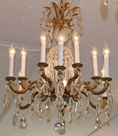 1950's Hollywood Regency French Style Brass & Crystal 12 Light Chandelier