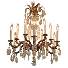 1950's Hollywood Regency French Style Brass & Crystal 12 Light Chandelier