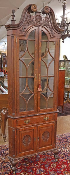 19th Century Tiger Oak Centennial Chippendale Ball & Claw Corner Cabinet