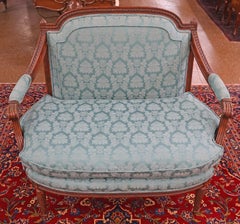 Early 20th Century French Louis XVI Style Walnut Teal Damask Settee Window Bench