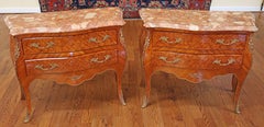 Pair of Petite Marble Top Walnut Inlaid Italian Made Bronze Mount Commode Chests