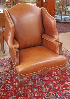 Distressed Caramel Leather Large Fireside Wing Chair