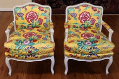 Pair of Country French Shabby Chich White & Yellow Floral Bergere Lounge Chairs