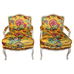 Pair of Country French Shabby Chich White & Yellow Floral Bergere Lounge Chairs