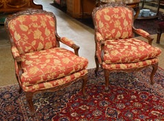 Pair of Walnut Floral Fabric Fauteuil Bergere Chairs