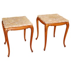 Pair of Vintage Marble Top Walnut Louis XV French Style End Tables