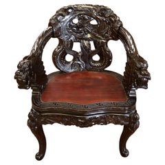 Antique Late 19th Century Meiji Japanese Dragon Carved Chair