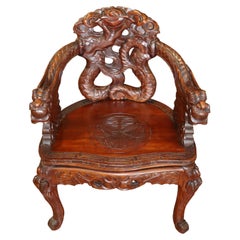 Antique Late 19th Century Meiji Japanese Dragon Carved Chair
