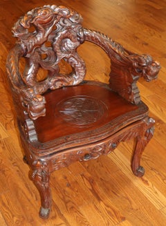 Antique Late 19th Century Meiji Japanese Dragon Carved Chair