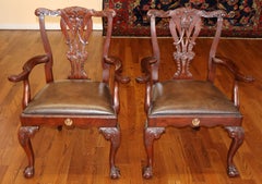 Pair of Theodore Alexander Althorp Chippendale Style Leather Seat Arm Chairs