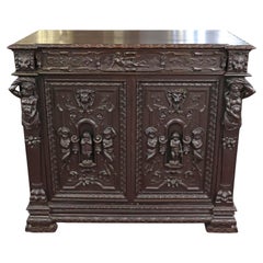 19th Century Ebonized Oak Renaissance Revival Atlas Server Chest Cabinet