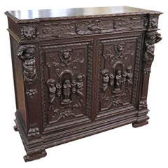 19th Century Ebonized Oak Renaissance Revival Atlas Server Chest Cabinet