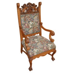 19th Century Tiger Oak Renaissance Revival Needlepoint Throne Office Arm Chair