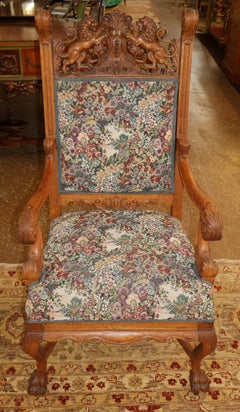 19th Century Tiger Oak Renaissance Revival Needlepoint Throne Office Arm Chair